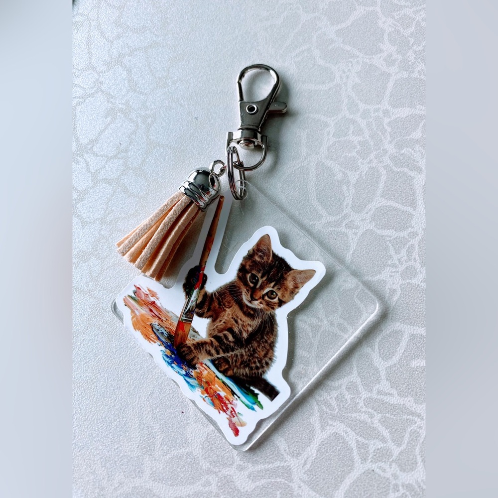 Cat Keychain with Tan Tassel